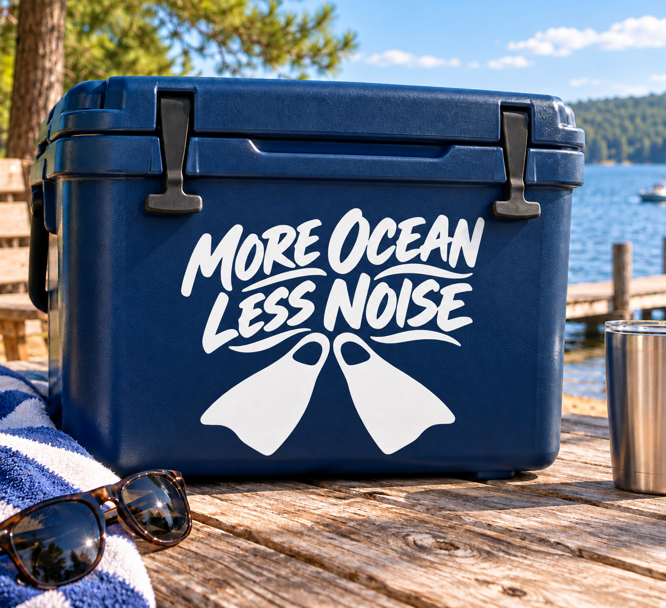Ocean-themed vinyl decal with 'More Ocean Less Noise' text and fin icon