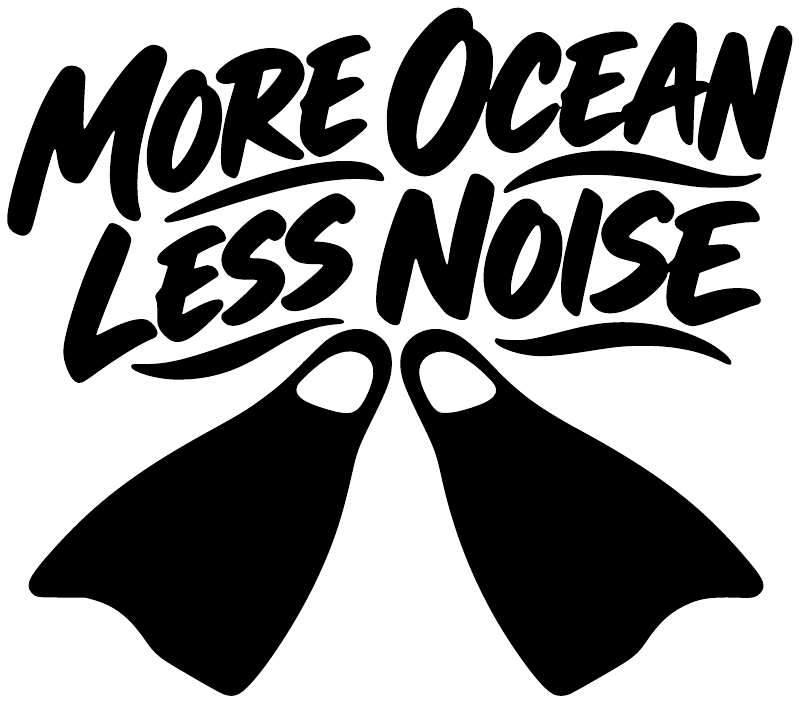 Vinyl decal text 'More Ocean Less Noise' with black-and-white fin emblem