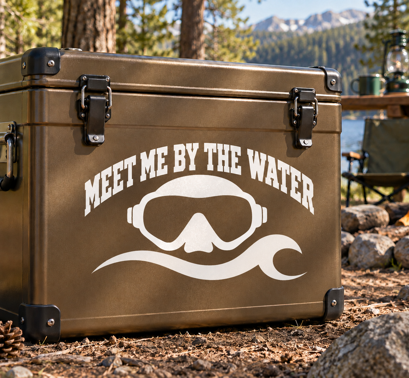 Scuba diving vinyl decal with “Meet me by the water” text and scuba goggles icon