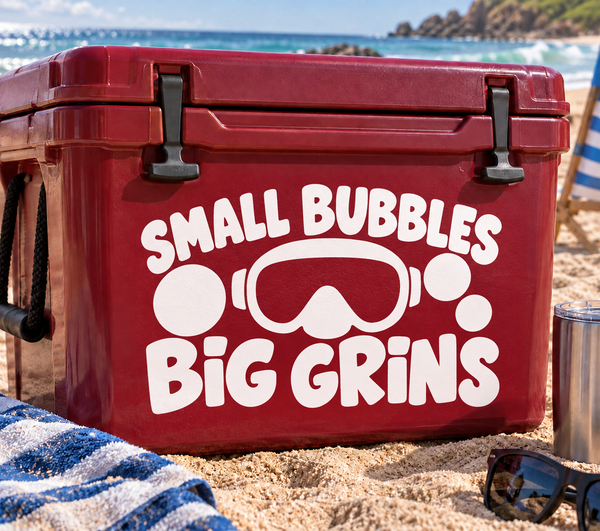 Scuba diving vinyl decal: SMALL BUBBLES, BIG GRINS, bubbles and snorkel mask