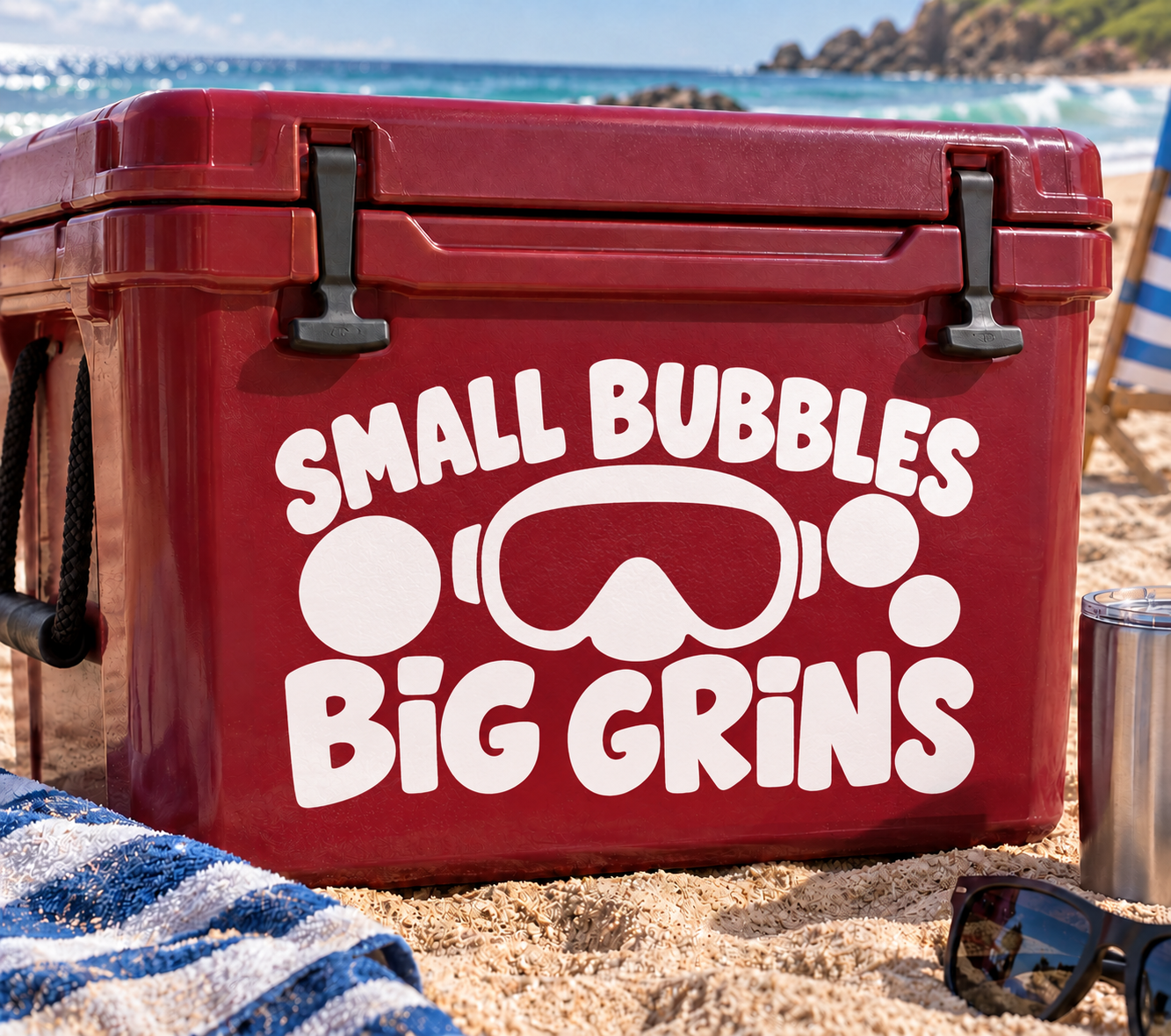 Scuba diving vinyl decal: SMALL BUBBLES, BIG GRINS, bubbles and snorkel mask