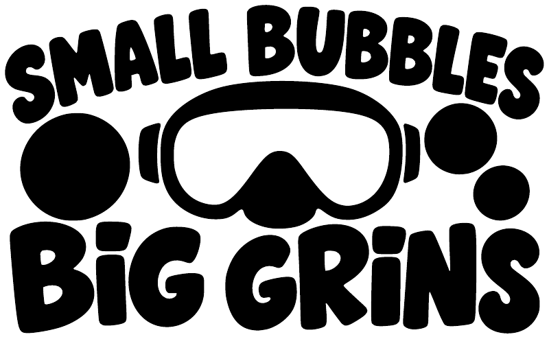 Scuba diving vinyl decal with bold SMALL BUBBLES and BIG GRINS, bubbles and snorkel mask