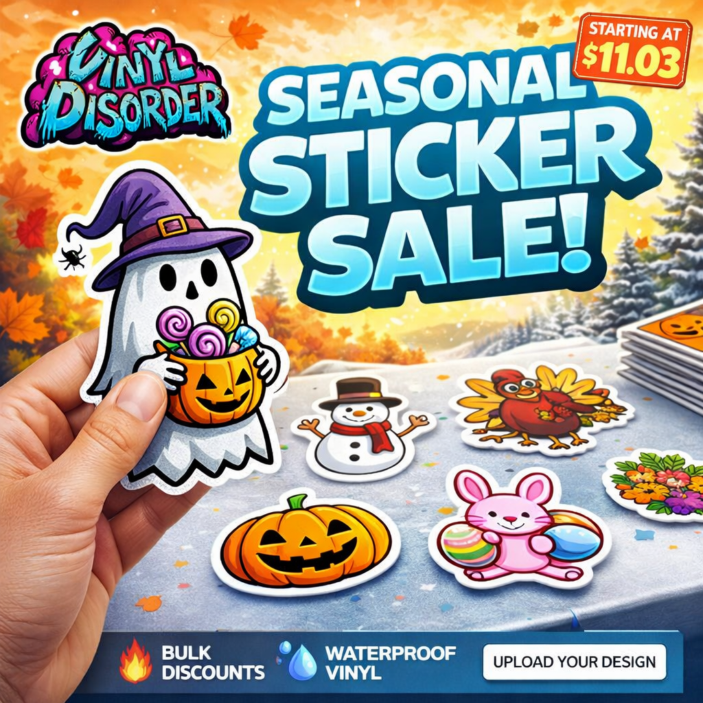 Promotional graphic for Vinyl Disorder's seasonal sticker sale with Halloween-themed stickers.