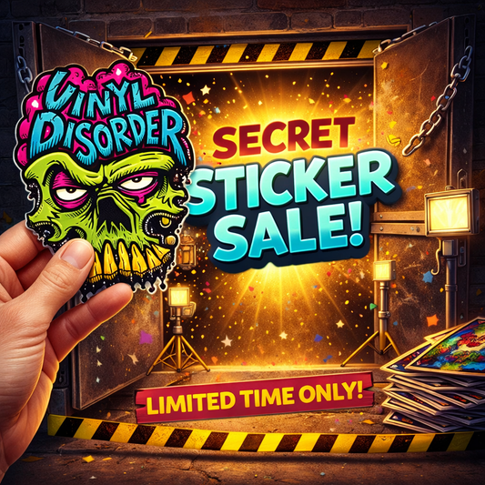 Skull character sticker with teal “Secret Sticker Sale!” text, held by a hand