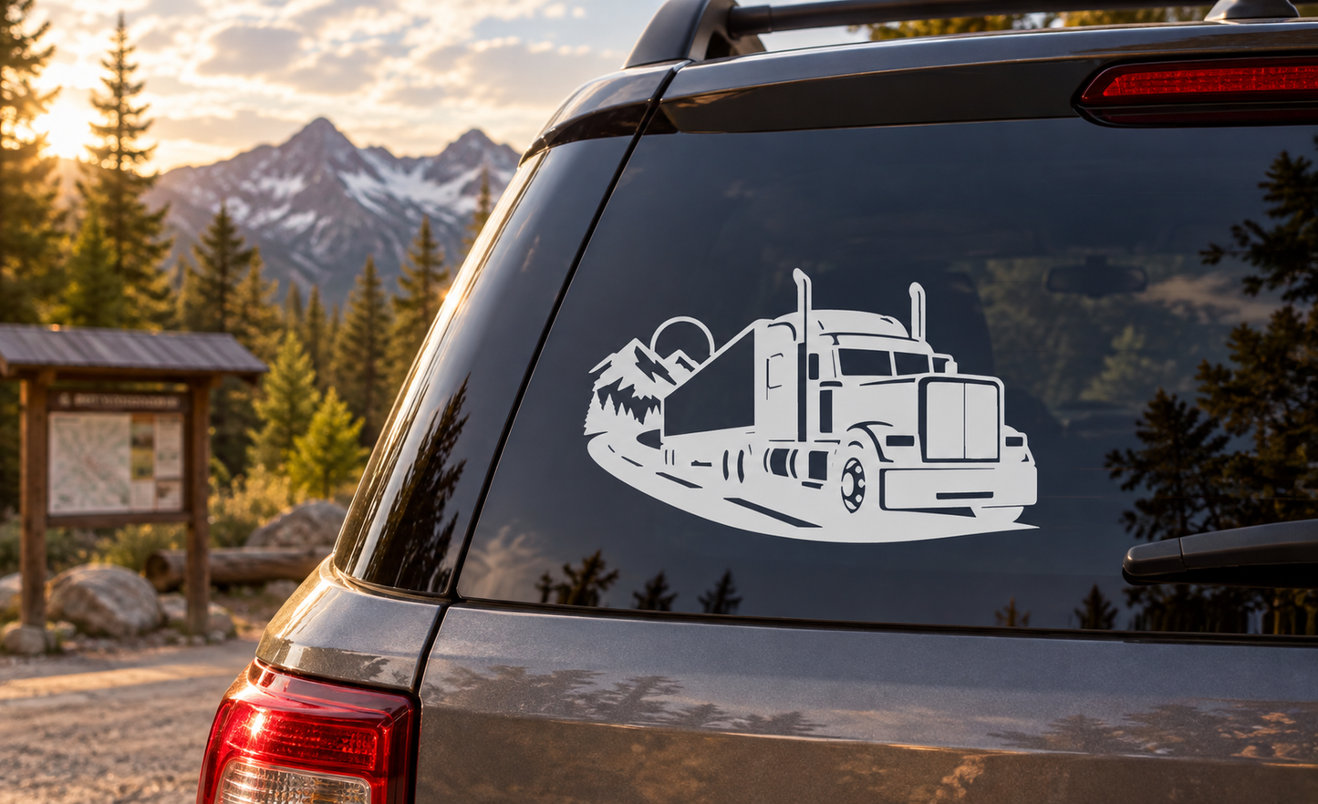Semi-truck highway vinyl decal on rear window, white long-nose truck graphic
