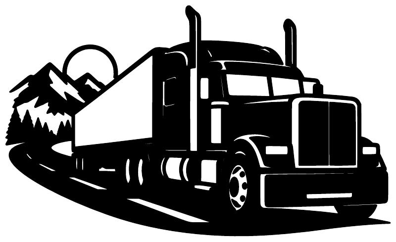 Long-nose semi-truck highway vinyl decal, black outline with road and mountains