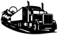 Long-nose semi-truck highway vinyl decal, black outline with road and mountains
