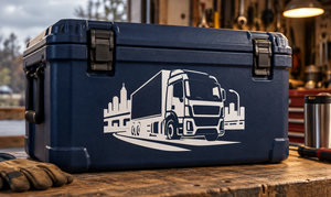 Cabover semi truck vinyl decal with city skyline graphic, white on dark blue surface