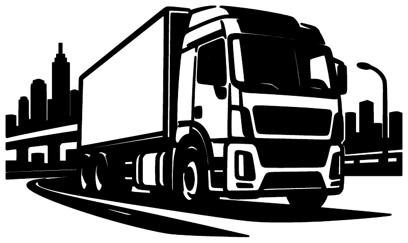 Cabover semi truck vinyl decal with black-and-white city skyline and road graphic