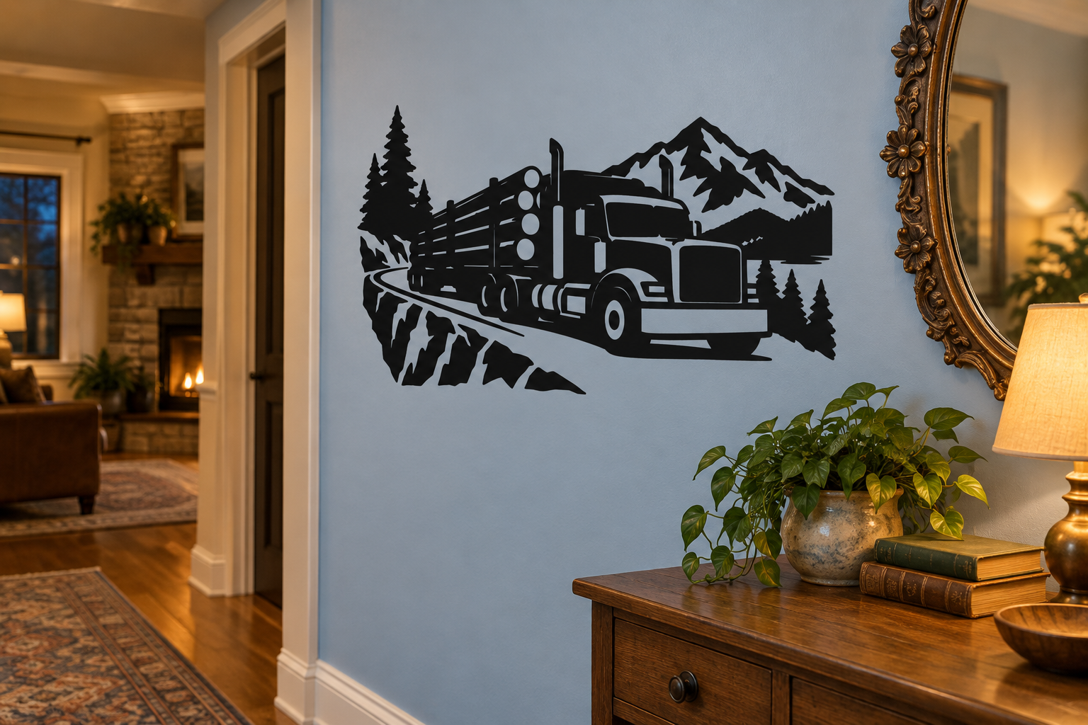 Logging truck mountain route vinyl decal with black silhouette on an indoor wall