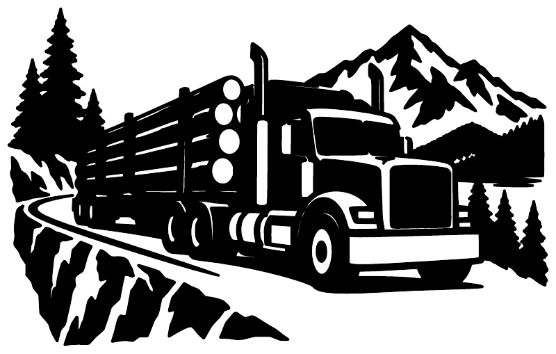 Logging truck mountain route vinyl decal featuring black truck silhouette with pine trees