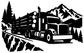 Logging truck mountain route vinyl decal featuring black truck silhouette with pine trees