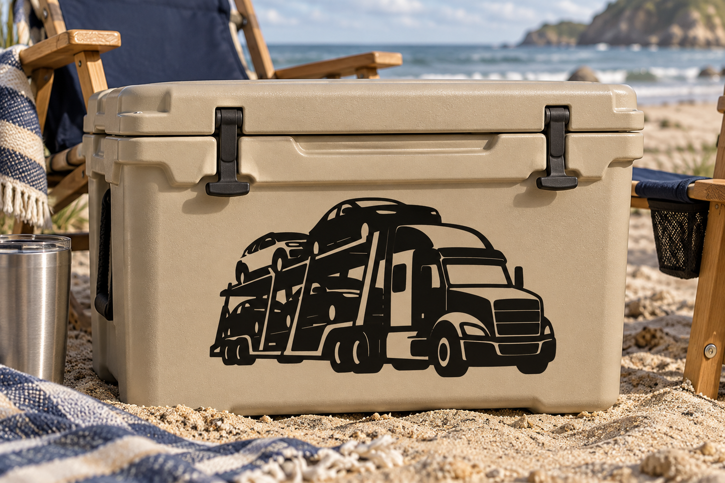 Vinyl decal of a black semi truck with enclosed car carrier on a light surface
