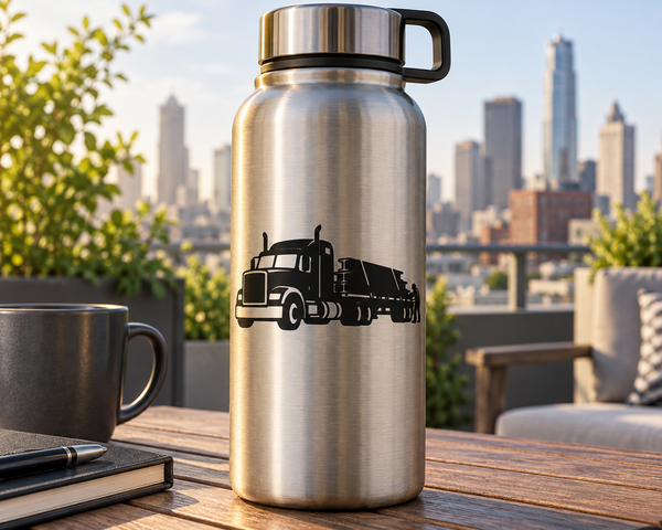 Flatbed steel hauler vinyl decal on metal water bottle, black semi-truck graphic