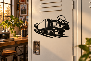 Refrigerated highway rig vinyl decal featuring a black semi truck outline