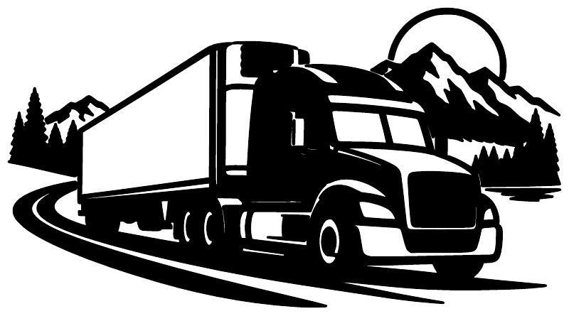 Refrigerated highway rig vinyl decal, black semi truck with mountains on white