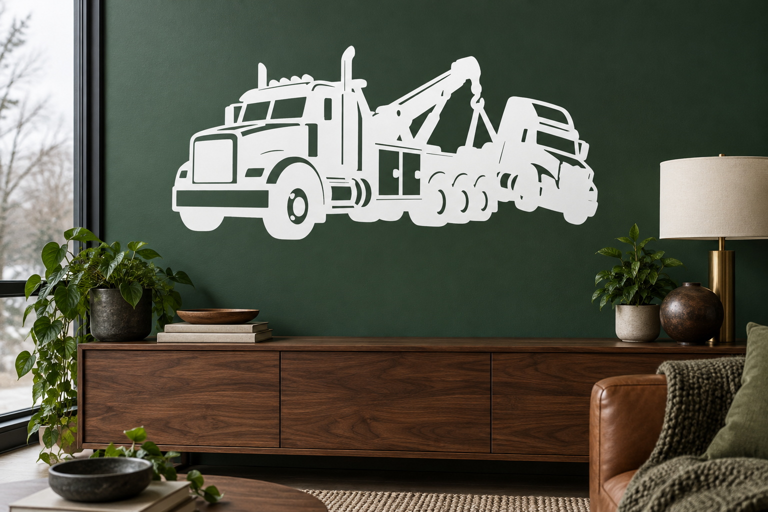 Heavy truck tow recovery vinyl decal of white tow crane truck