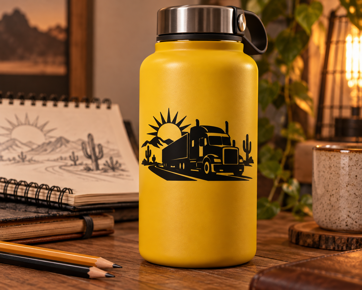 Desert sunrise semi vinyl decal with black semi truck and desert scene graphic