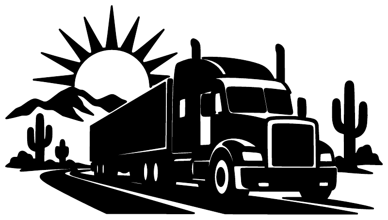 Black desert sunrise semi truck vinyl decal with sun, cacti, and landscape