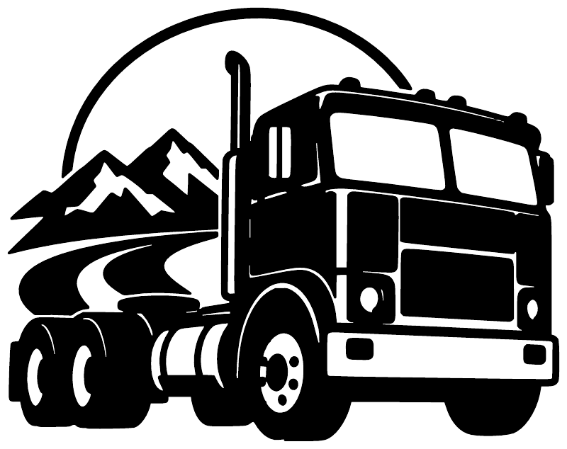Black cabover semi truck emblem vinyl decal with mountains, road, and circle