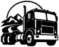 Black cabover semi truck emblem vinyl decal with mountains, road, and circle