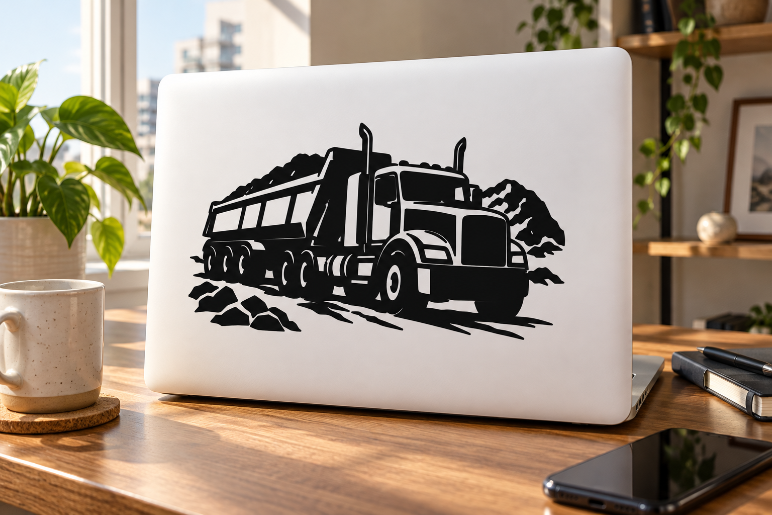 Black dump truck vinyl decal with gravel road graphic