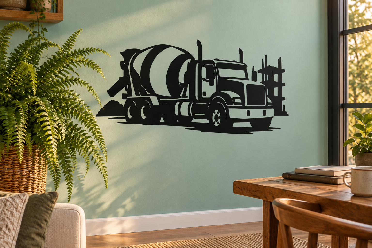 Cement mixer truck rig vinyl decal, black silhouette on wall