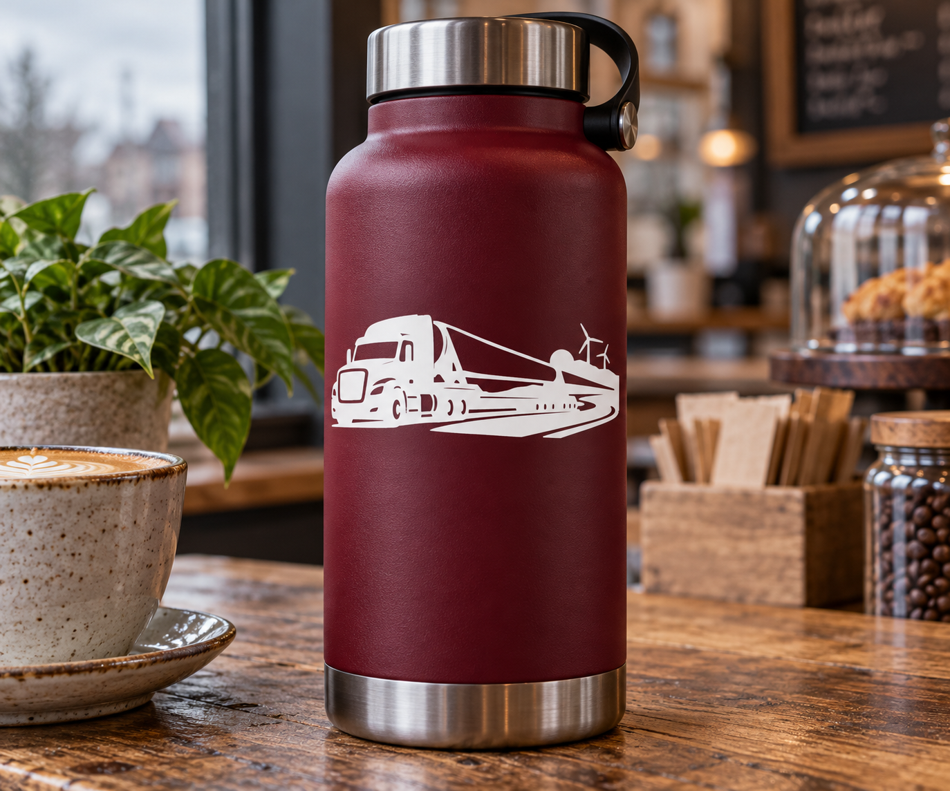 Vinyl decal showing semi truck carrying wind turbine blades on a bottle