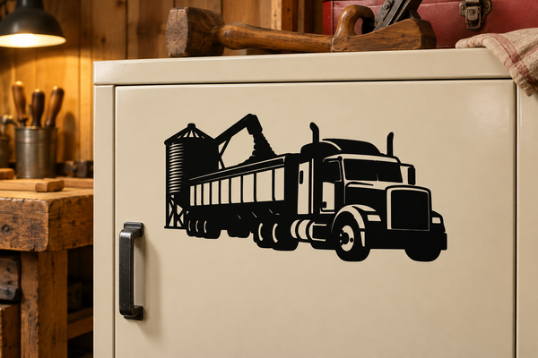 Black farm grain truck vinyl decal on cabinet door, side view of semi-truck