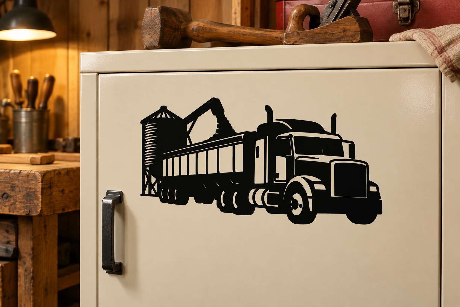 Black farm grain truck vinyl decal on cabinet door, side view of semi-truck