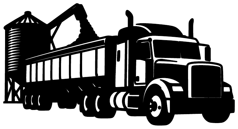 Black farm grain truck vinyl decal, close-up front-side view on light background