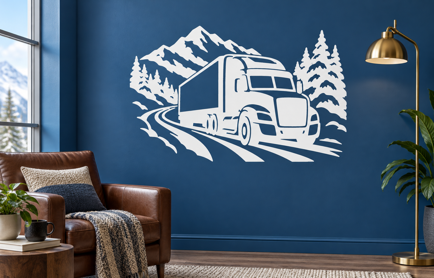 Freight rig vinyl decal: white semi truck with mountains, pines, winding road