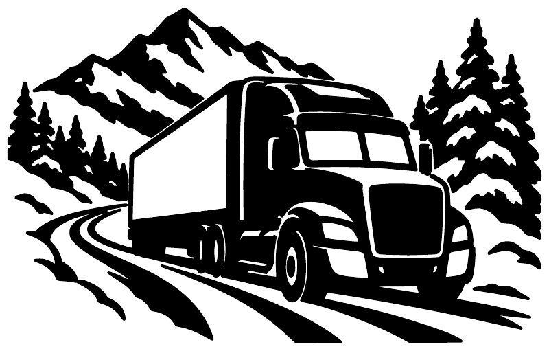 Freight rig vinyl decal: black-and-white semi truck with mountains and pine trees