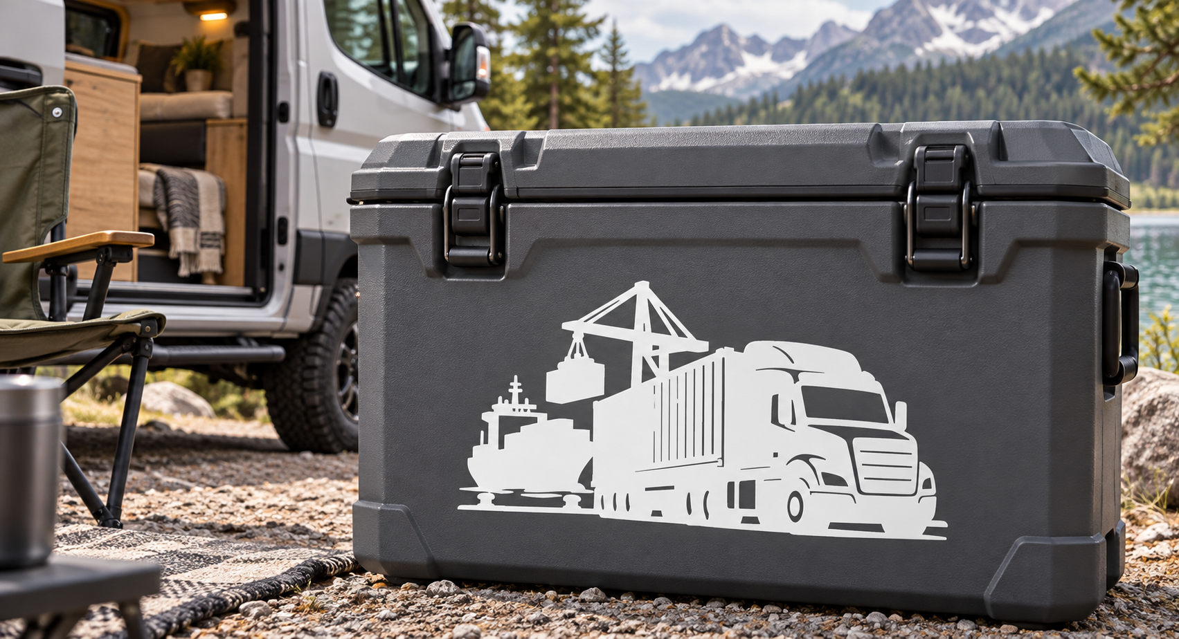 Vinyl decal on dark container: white semi truck with port crane graphic