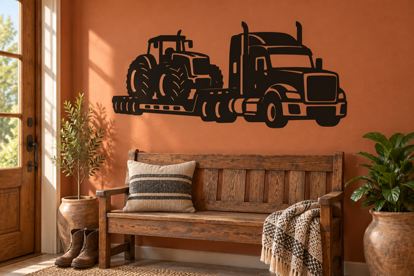 Oversized vinyl tractor hauler decal: black semi truck and trailer silhouette.