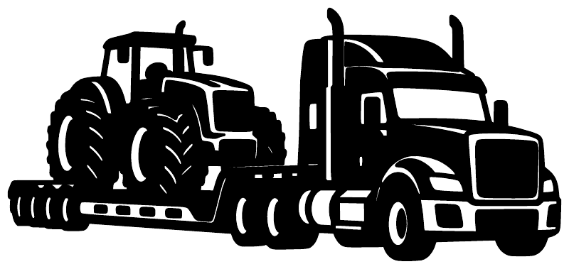 Vinyl tractor hauler decal in black: detailed semi truck and trailer front view.
