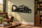 Black lowboy excavator truck vinyl decal with mountains and trees silhouette