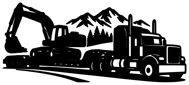 Lowboy excavator truck vinyl decal silhouette in black with mountains background