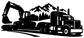 Lowboy excavator truck vinyl decal silhouette in black with mountains background