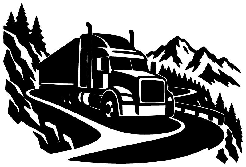 Monochrome semi truck vinyl decal showing a mountain switchback road, trees, and peaks