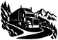 Monochrome semi truck vinyl decal showing a mountain switchback road, trees, and peaks