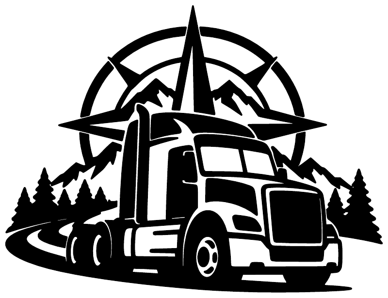 Truck and compass crest vinyl decal, bold black truck silhouette with compass circle