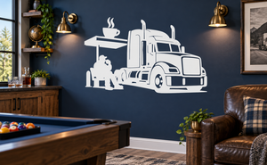 White vinyl decal of semi truck with coffee station and truck stop attendant silhouette