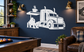 White vinyl decal of semi truck with coffee station and truck stop attendant silhouette