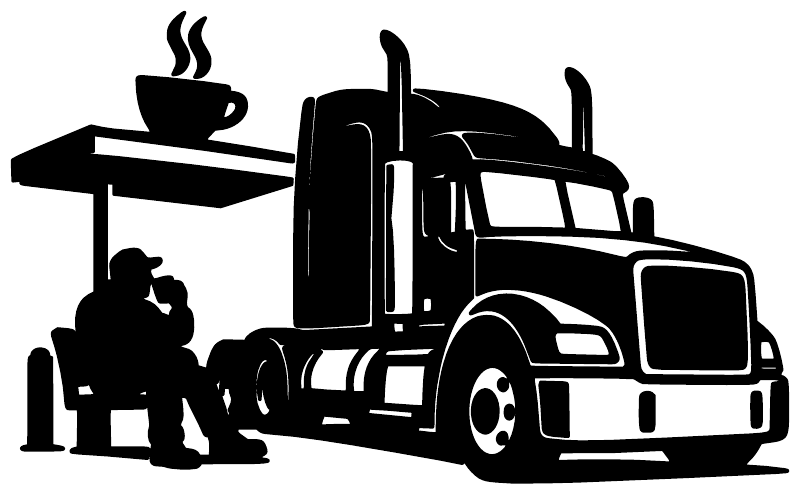 Black-and-white vinyl decal silhouette of semi truck at truck stop coffee counter