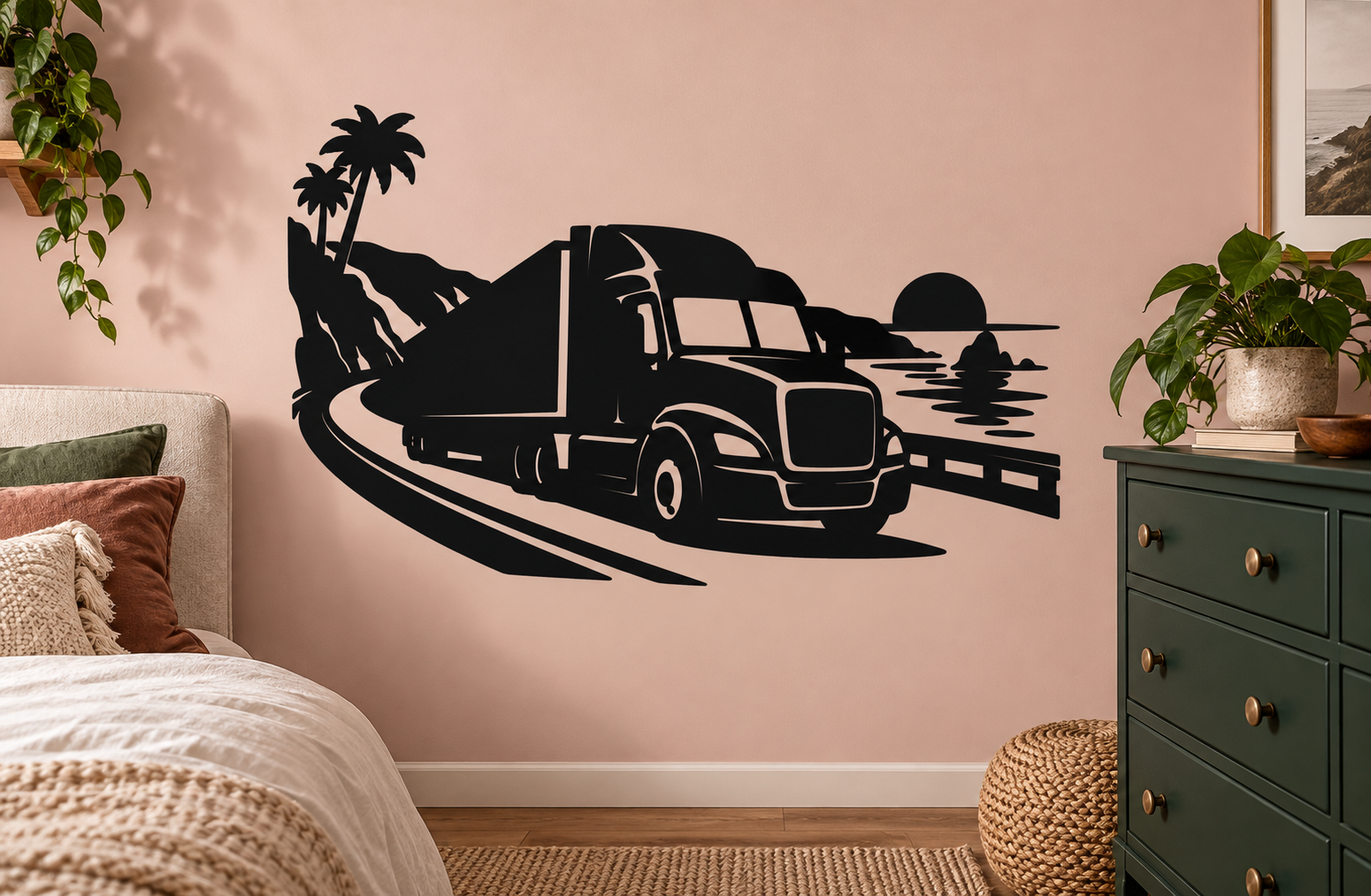 Semi truck coastal highway vinyl decal with palm trees and road curve silhouette