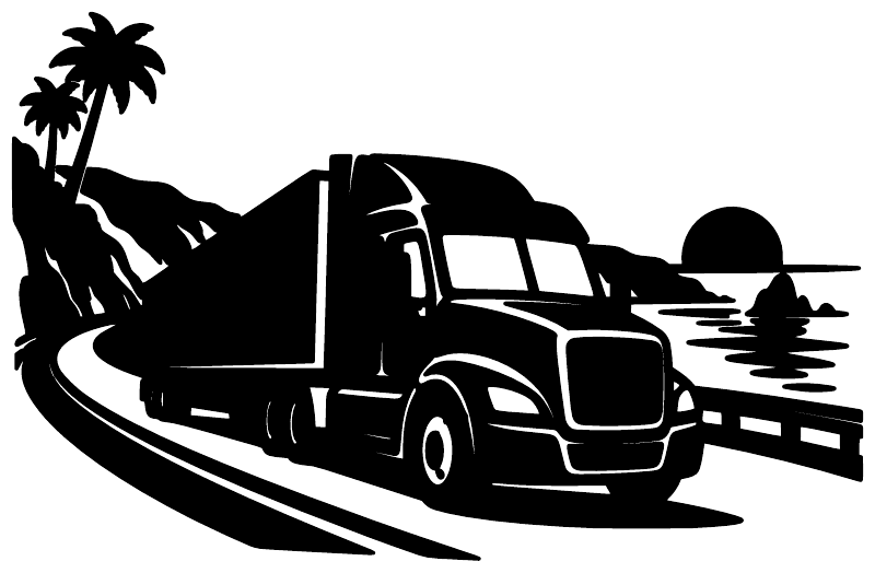 Black semi truck highway vinyl decal silhouette with palm trees and distant shoreline