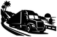 Black semi truck highway vinyl decal silhouette with palm trees and distant shoreline