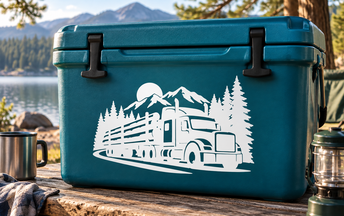 White vinyl semi-truck decal with mountains and pine trees silhouette