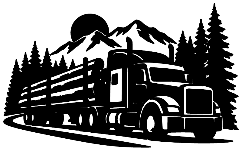 Black vinyl semi-truck decal silhouette with mountains and pine trees